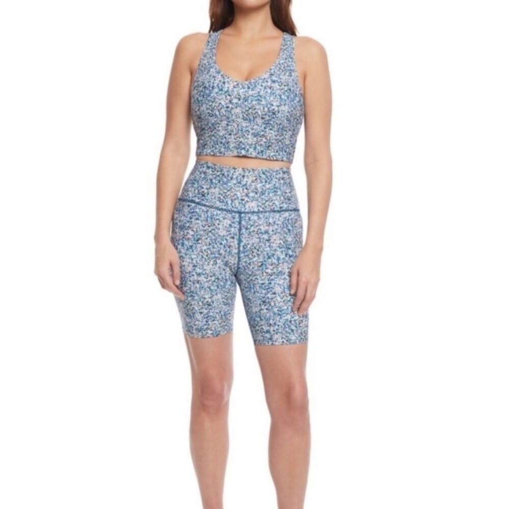 Sage Collective women’s active sports bra long tank blue green ditsy floral L